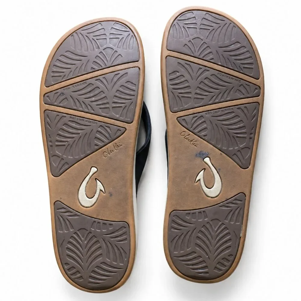OluKai Nu‘a Pi‘o Sandals Black Womens Size 9 Nua Pio Thong Flip Flops Comfort